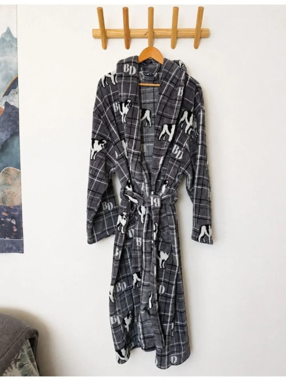 Big Dogs Plush Fleece Bath Robe Gray Plaid One Size Belted Soft Men's Robe